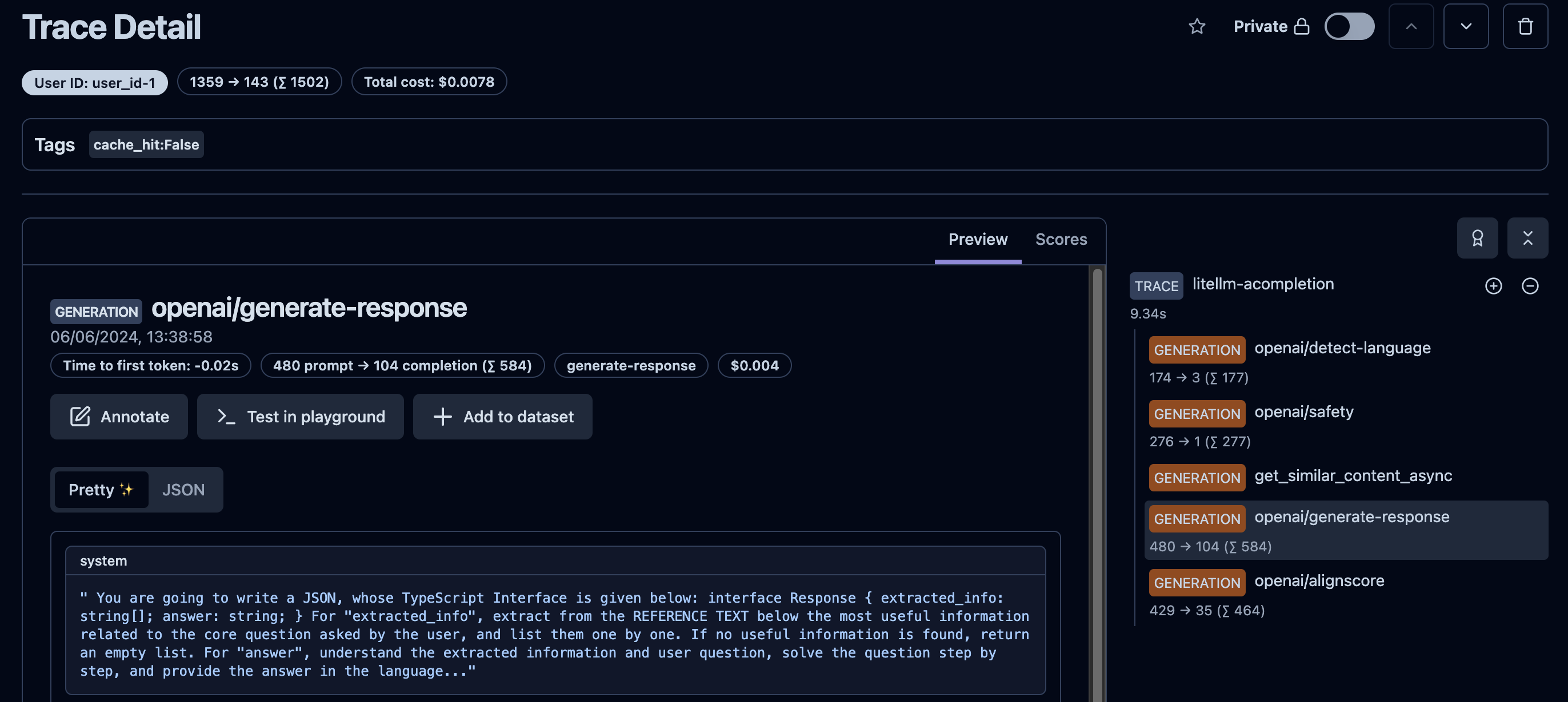 Trace Details page outlining system prompt. On the right there are Generations that fall under this particular Trace: "detect-language", "safety", "get_similar_content_async", "generate-response", etc.