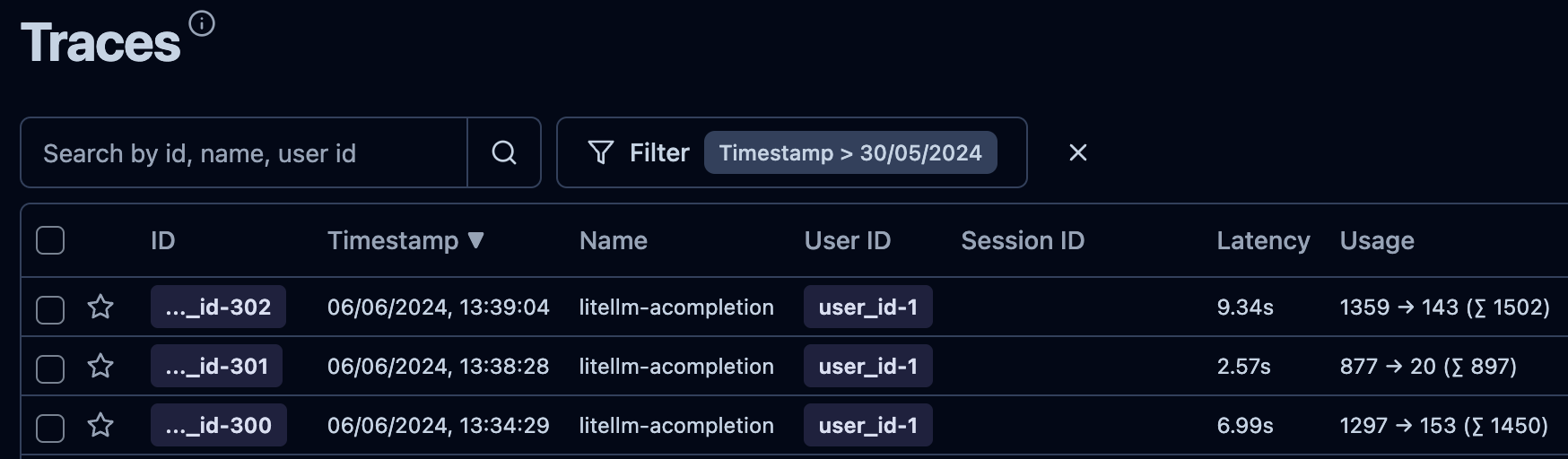 Traces page of Langfuse: you can view each trace by query_id and user_id